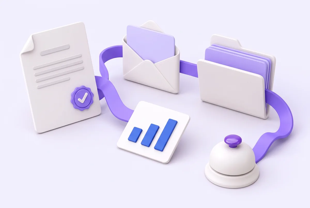 A proposal, a report, mail and a folder of company knowledge connected to a concierge bell